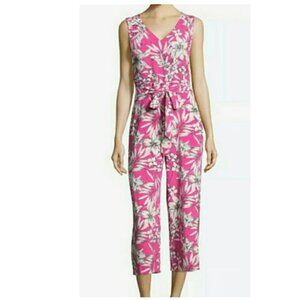 Beige by Eci Pink White Coquette Floral V-Neck Cottagecore Cropped Jumpsuit S